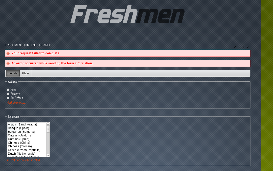 Freshmen: Content Cleanup - Locale Action Validation Error